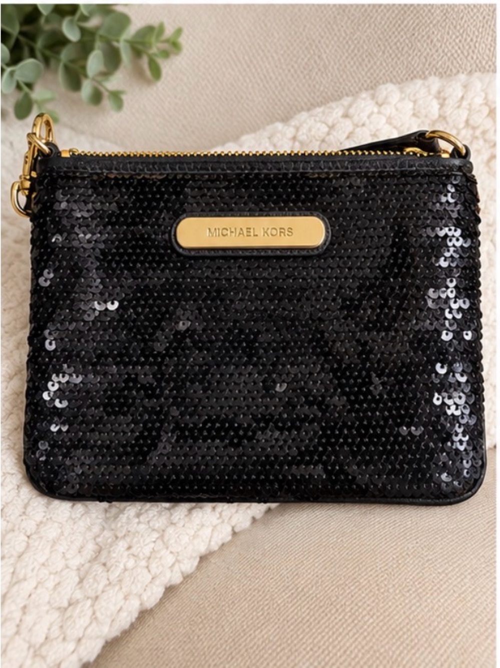 Michael Kors Black Sequin Wristlet with Gold Plate